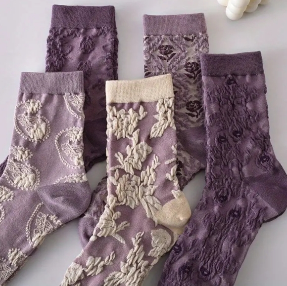 5 pairs of floral purple print socks - Picture 3 of 4